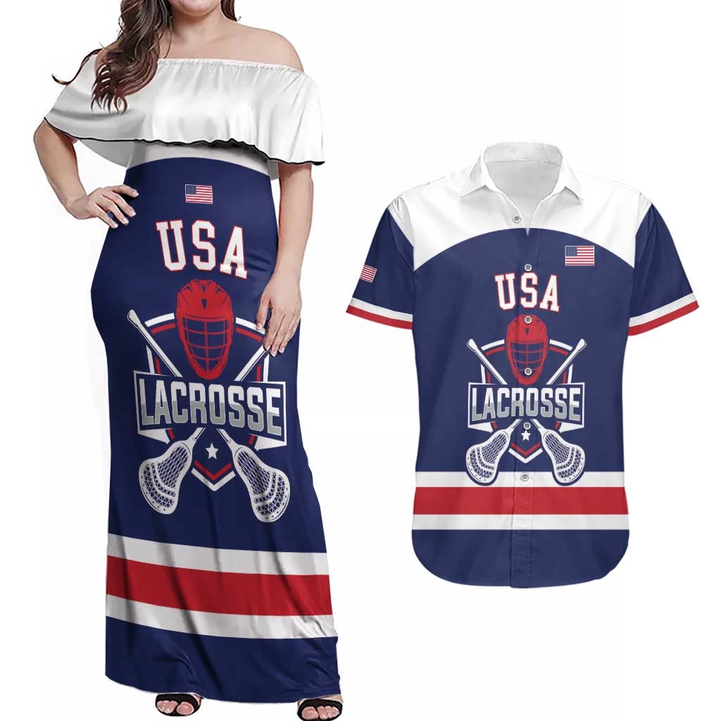 Custom United States Lacrosse Couples Matching Off Shoulder Maxi Dress and Hawaiian Shirt Go Champions Blue Version