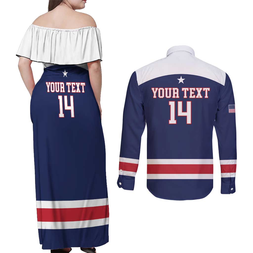 Custom United States Lacrosse Couples Matching Off Shoulder Maxi Dress and Long Sleeve Button Shirt Go Champions Blue Version