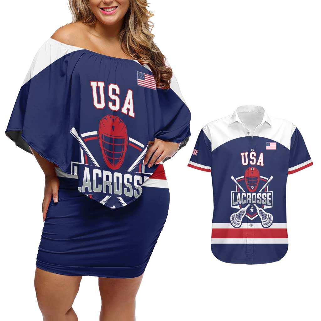 Custom United States Lacrosse Couples Matching Off Shoulder Short Dress and Hawaiian Shirt Go Champions Blue Version