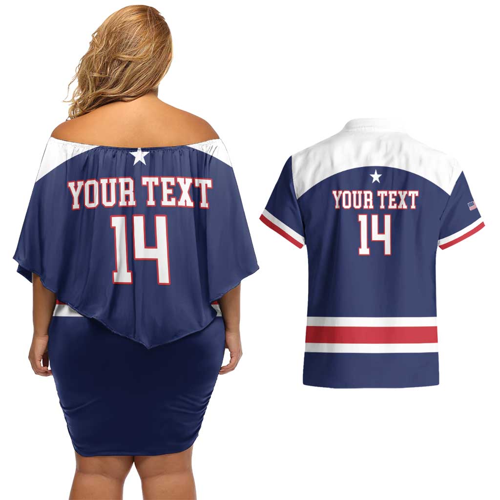 Custom United States Lacrosse Couples Matching Off Shoulder Short Dress and Hawaiian Shirt Go Champions Blue Version