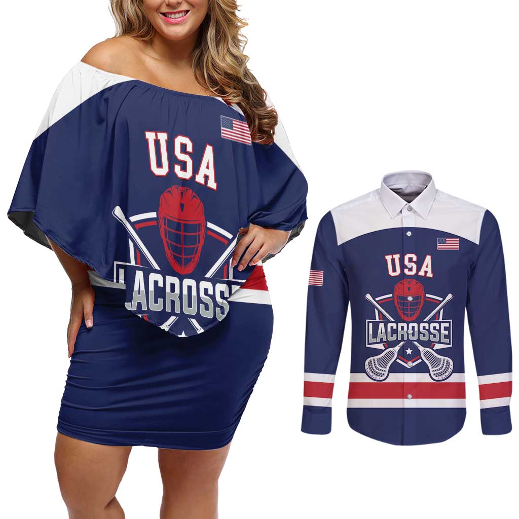 Custom United States Lacrosse Couples Matching Off Shoulder Short Dress and Long Sleeve Button Shirt Go Champions Blue Version