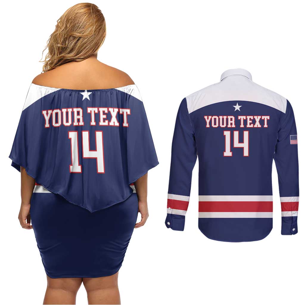 Custom United States Lacrosse Couples Matching Off Shoulder Short Dress and Long Sleeve Button Shirt Go Champions Blue Version