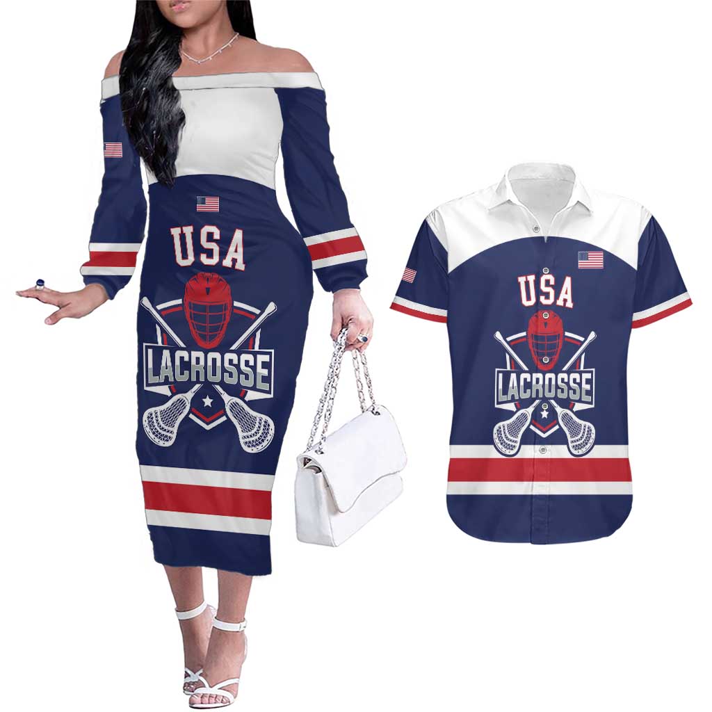 Custom United States Lacrosse Couples Matching Off The Shoulder Long Sleeve Dress and Hawaiian Shirt Go Champions Blue Version
