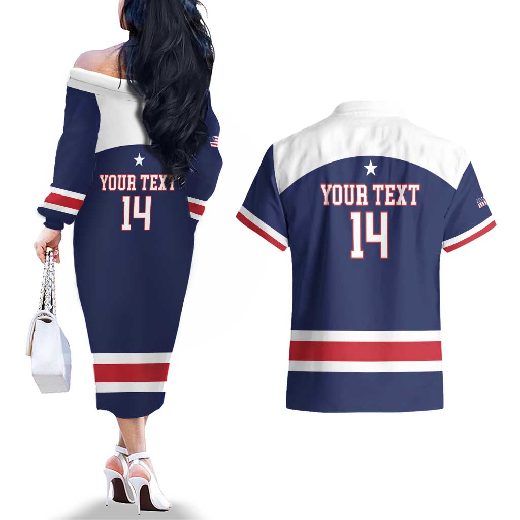 Custom United States Lacrosse Couples Matching Off The Shoulder Long Sleeve Dress and Hawaiian Shirt Go Champions Blue Version