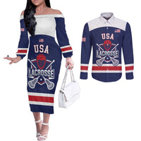 Custom United States Lacrosse Couples Matching Off The Shoulder Long Sleeve Dress and Long Sleeve Button Shirt Go Champions Blue Version
