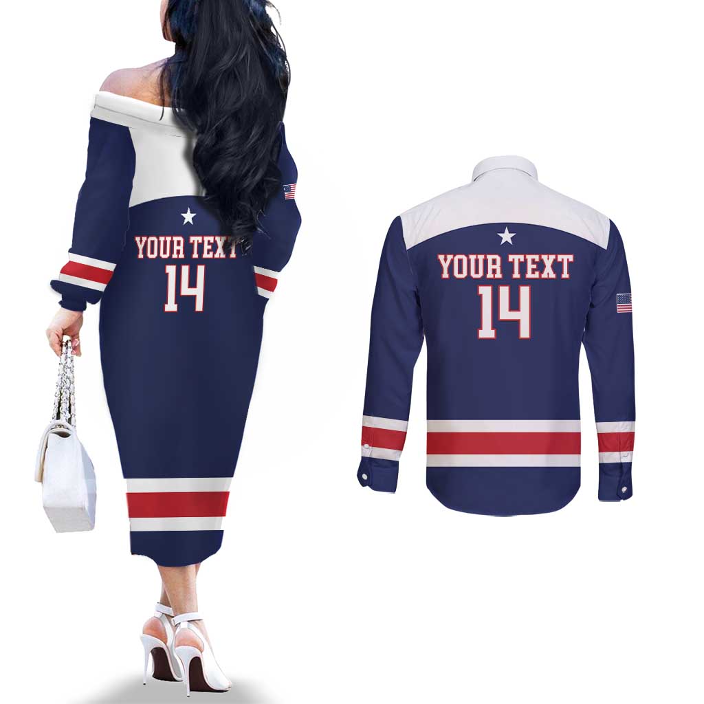 Custom United States Lacrosse Couples Matching Off The Shoulder Long Sleeve Dress and Long Sleeve Button Shirt Go Champions Blue Version