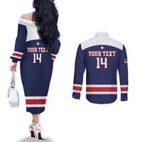 Custom United States Lacrosse Couples Matching Off The Shoulder Long Sleeve Dress and Long Sleeve Button Shirt Go Champions Blue Version