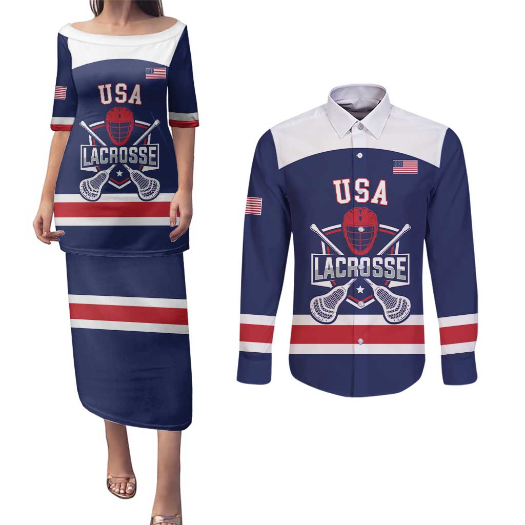 Custom United States Lacrosse Couples Matching Puletasi and Long Sleeve Button Shirt Go Champions Blue Version