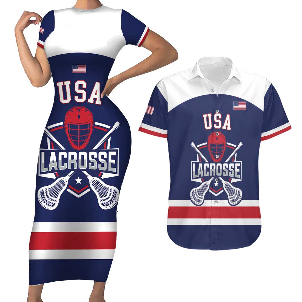 Custom United States Lacrosse Couples Matching Short Sleeve Bodycon Dress and Hawaiian Shirt Go Champions Blue Version