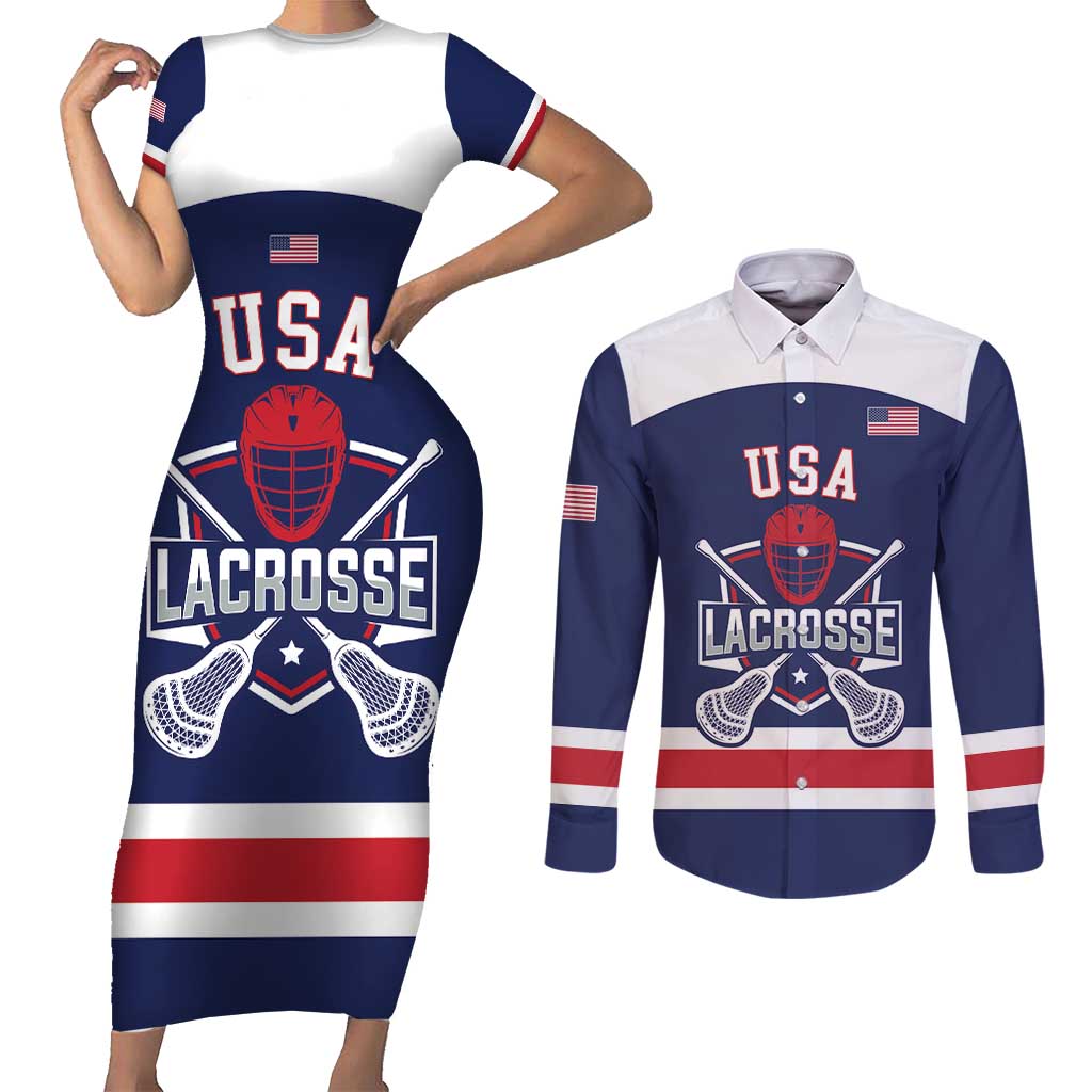 Custom United States Lacrosse Couples Matching Short Sleeve Bodycon Dress and Long Sleeve Button Shirt Go Champions Blue Version