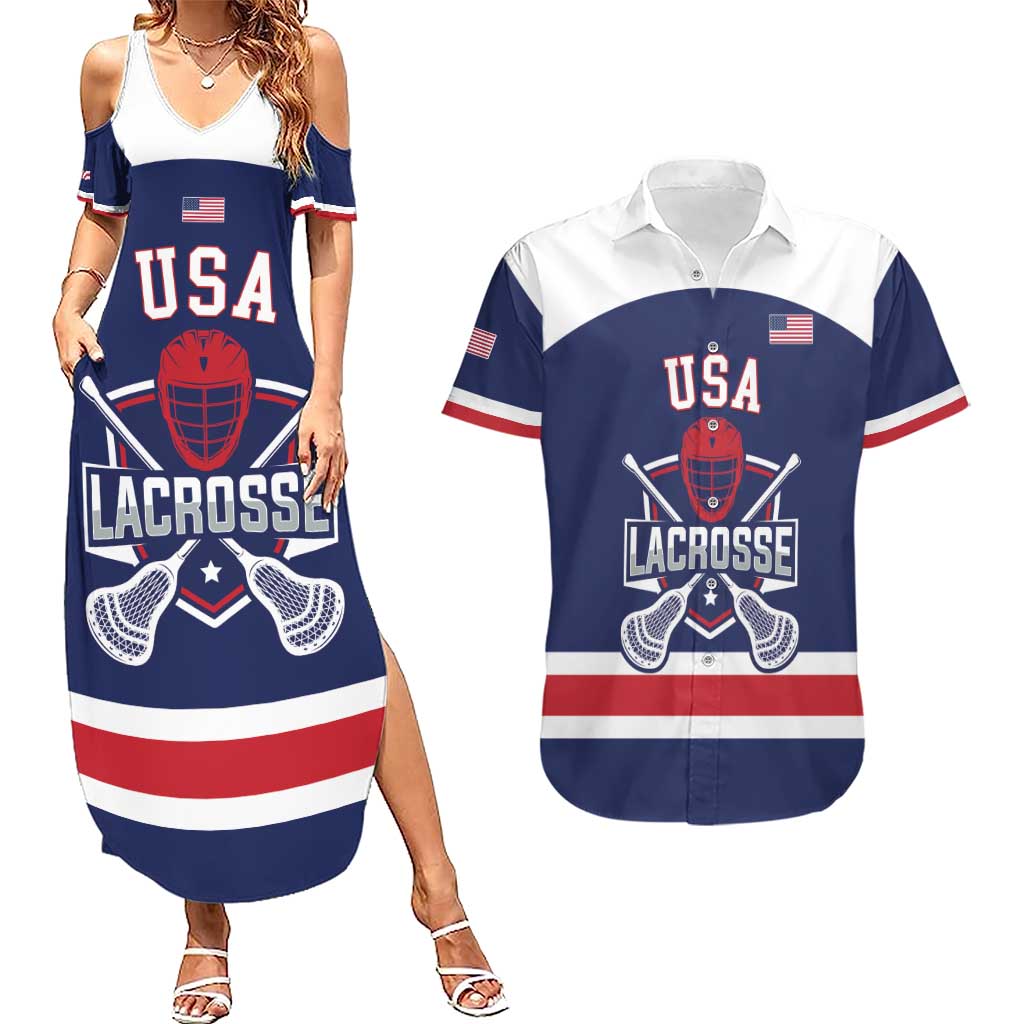 Custom United States Lacrosse Couples Matching Summer Maxi Dress and Hawaiian Shirt Go Champions Blue Version