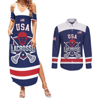 Custom United States Lacrosse Couples Matching Summer Maxi Dress and Long Sleeve Button Shirt Go Champions Blue Version