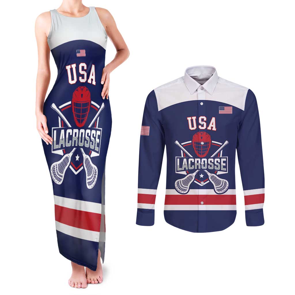 Custom United States Lacrosse Couples Matching Tank Maxi Dress and Long Sleeve Button Shirt Go Champions Blue Version
