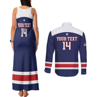 Custom United States Lacrosse Couples Matching Tank Maxi Dress and Long Sleeve Button Shirt Go Champions Blue Version