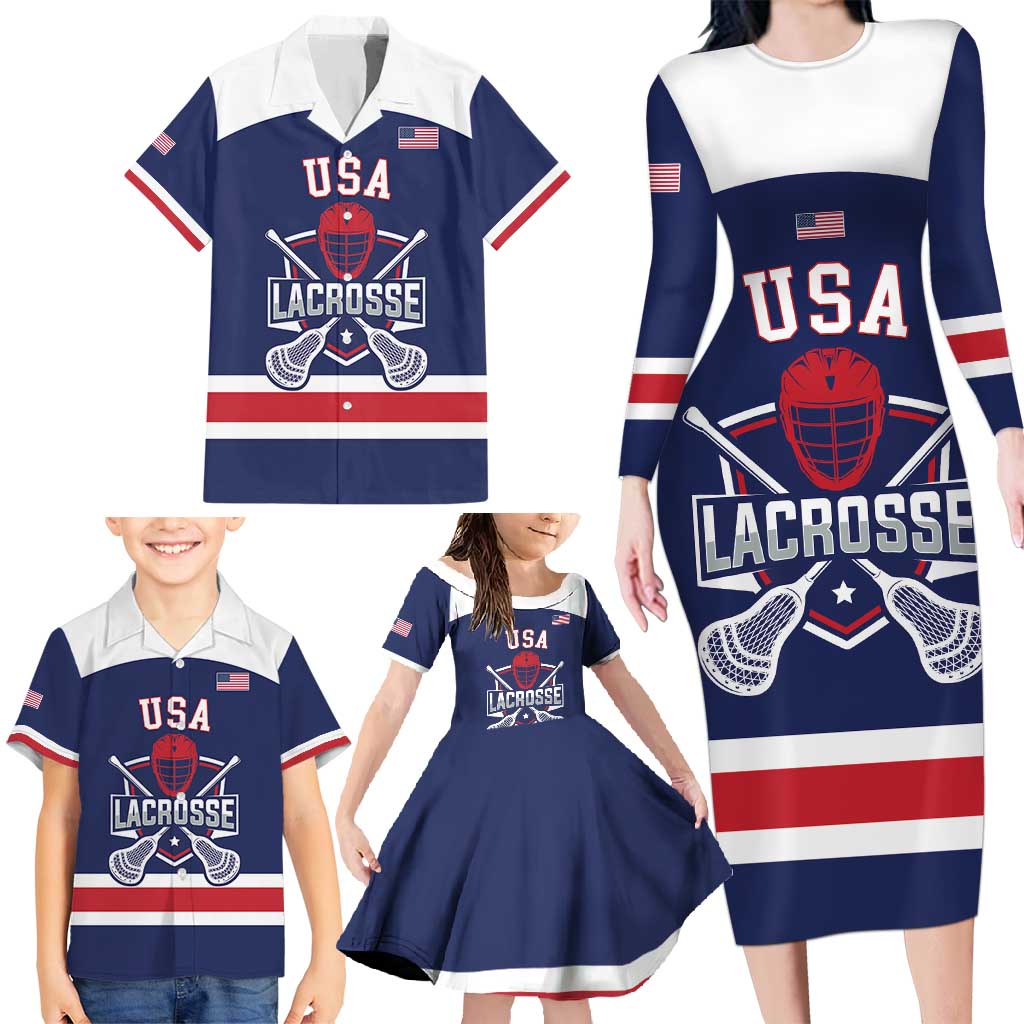 Custom United States Lacrosse Family Matching Long Sleeve Bodycon Dress and Hawaiian Shirt Go Champions Blue Version