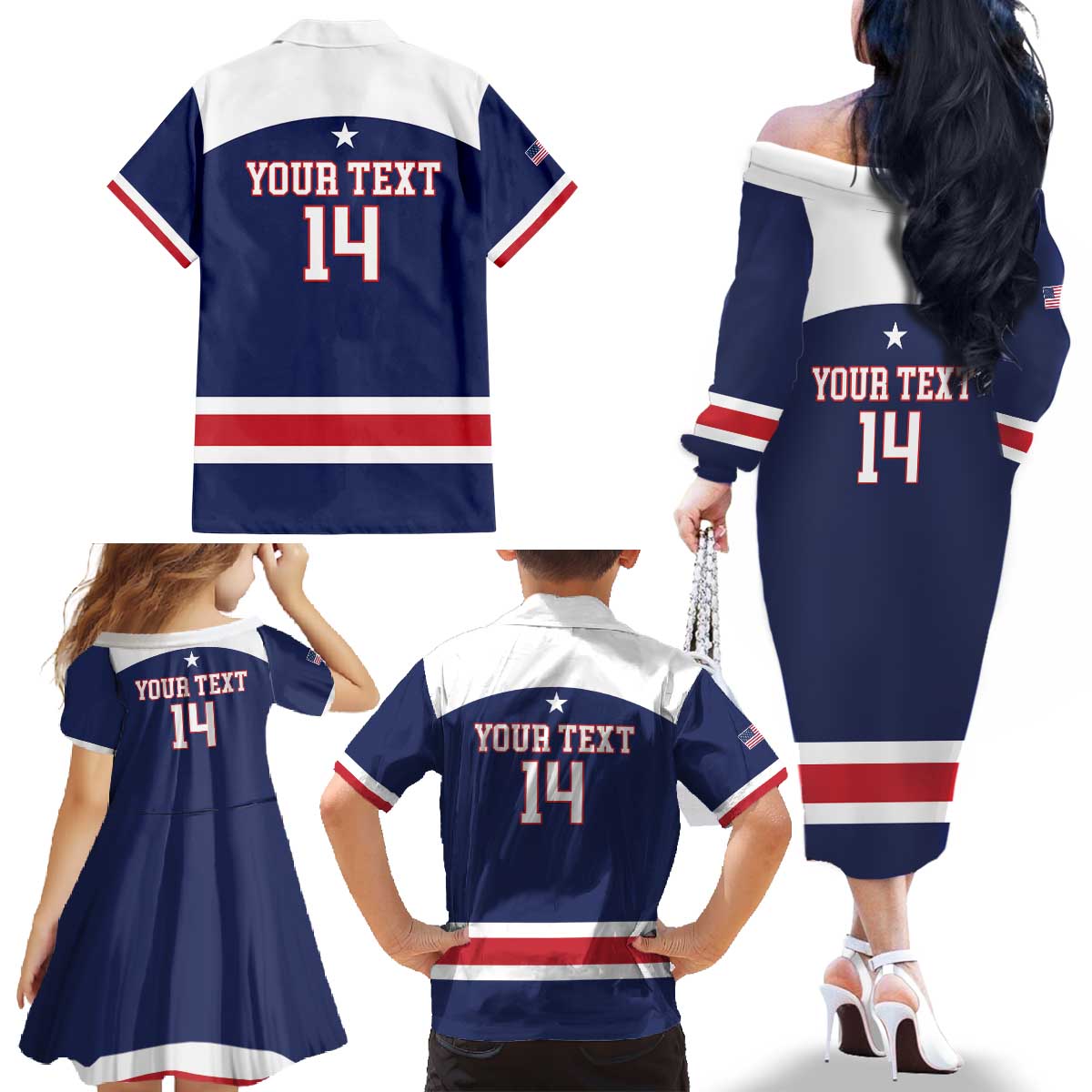 Custom United States Lacrosse Family Matching Off The Shoulder Long Sleeve Dress and Hawaiian Shirt Go Champions Blue Version
