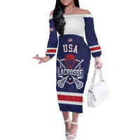 Custom United States Lacrosse Family Matching Off The Shoulder Long Sleeve Dress and Hawaiian Shirt Go Champions Blue Version