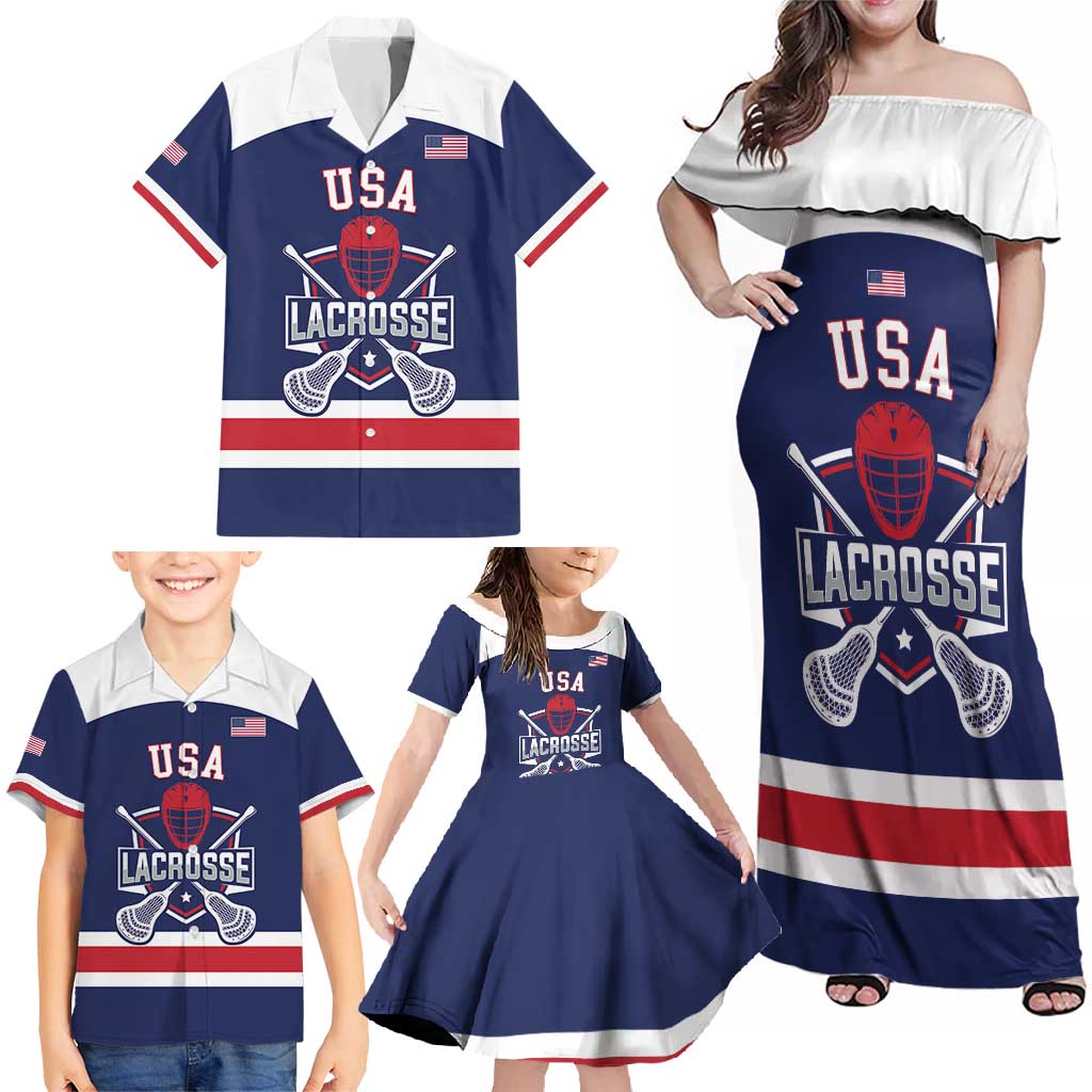 Custom United States Lacrosse Family Matching Off Shoulder Maxi Dress and Hawaiian Shirt Go Champions Blue Version