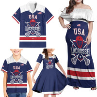 Custom United States Lacrosse Family Matching Off Shoulder Maxi Dress and Hawaiian Shirt Go Champions Blue Version
