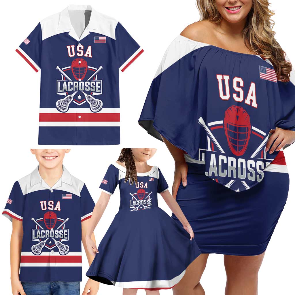 Custom United States Lacrosse Family Matching Off Shoulder Short Dress and Hawaiian Shirt Go Champions Blue Version