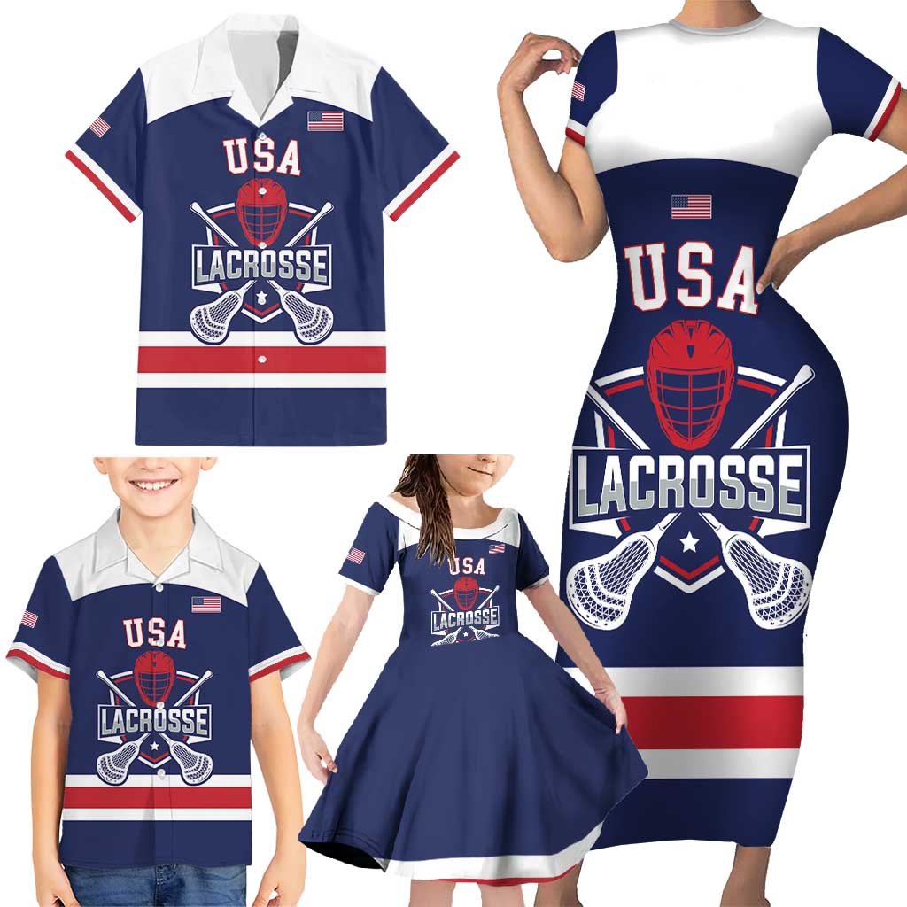 Custom United States Lacrosse Family Matching Short Sleeve Bodycon Dress and Hawaiian Shirt Go Champions Blue Version