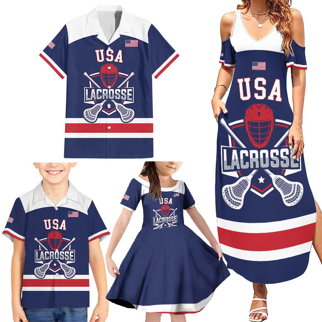 Custom United States Lacrosse Family Matching Summer Maxi Dress and Hawaiian Shirt Go Champions Blue Version