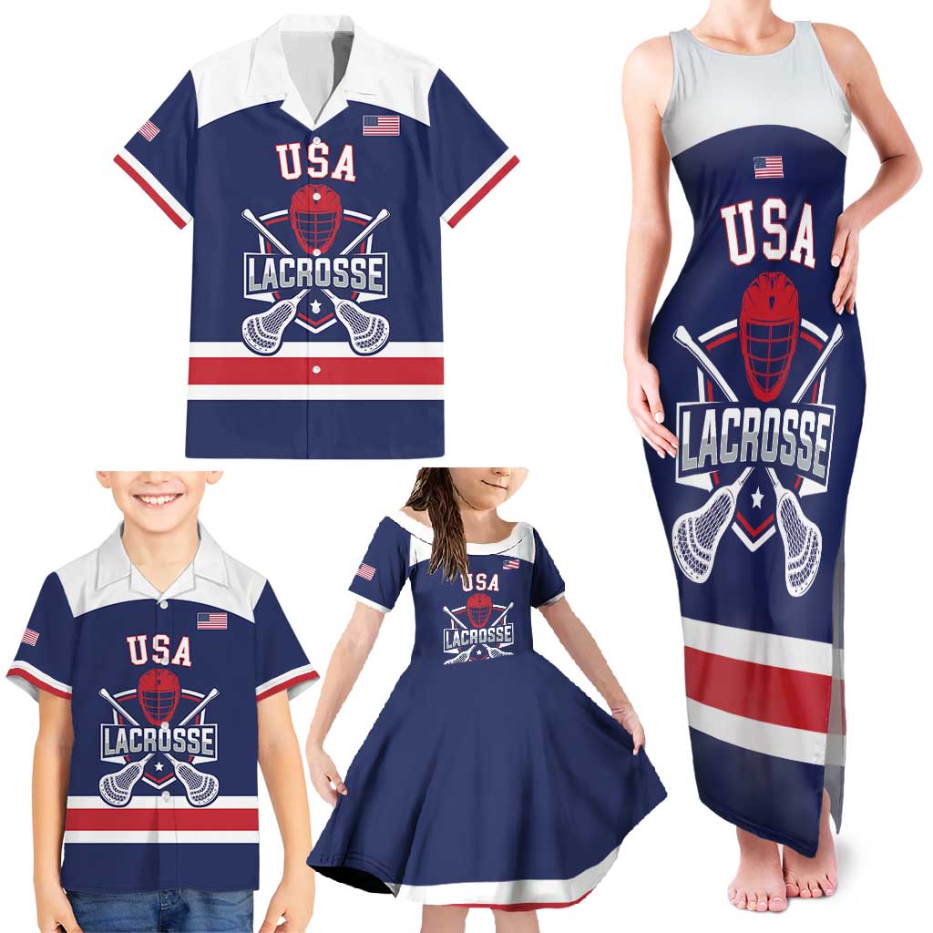 Custom United States Lacrosse Family Matching Tank Maxi Dress and Hawaiian Shirt Go Champions Blue Version