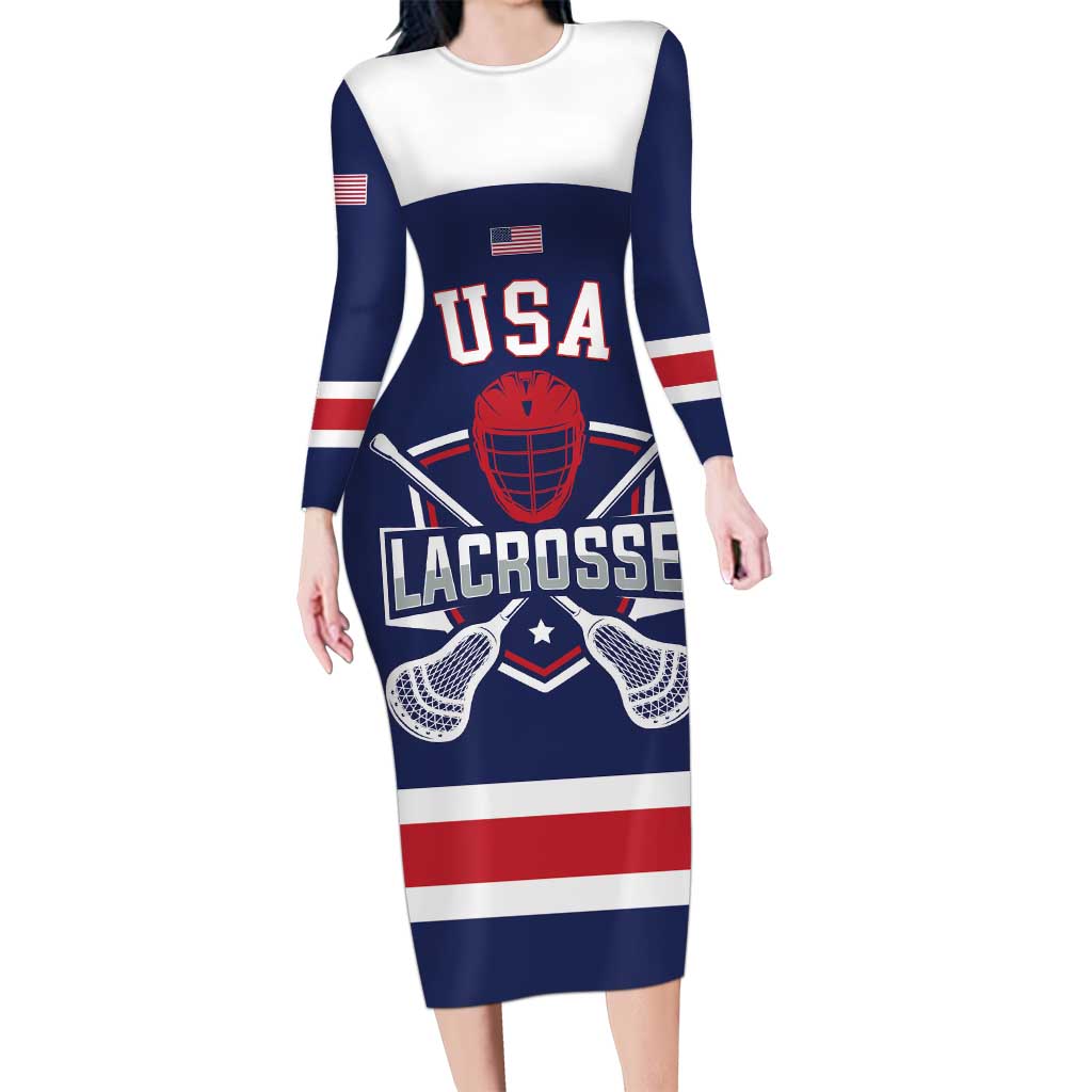 Custom United States Lacrosse Long Sleeve Bodycon Dress Go Champions Blue Version