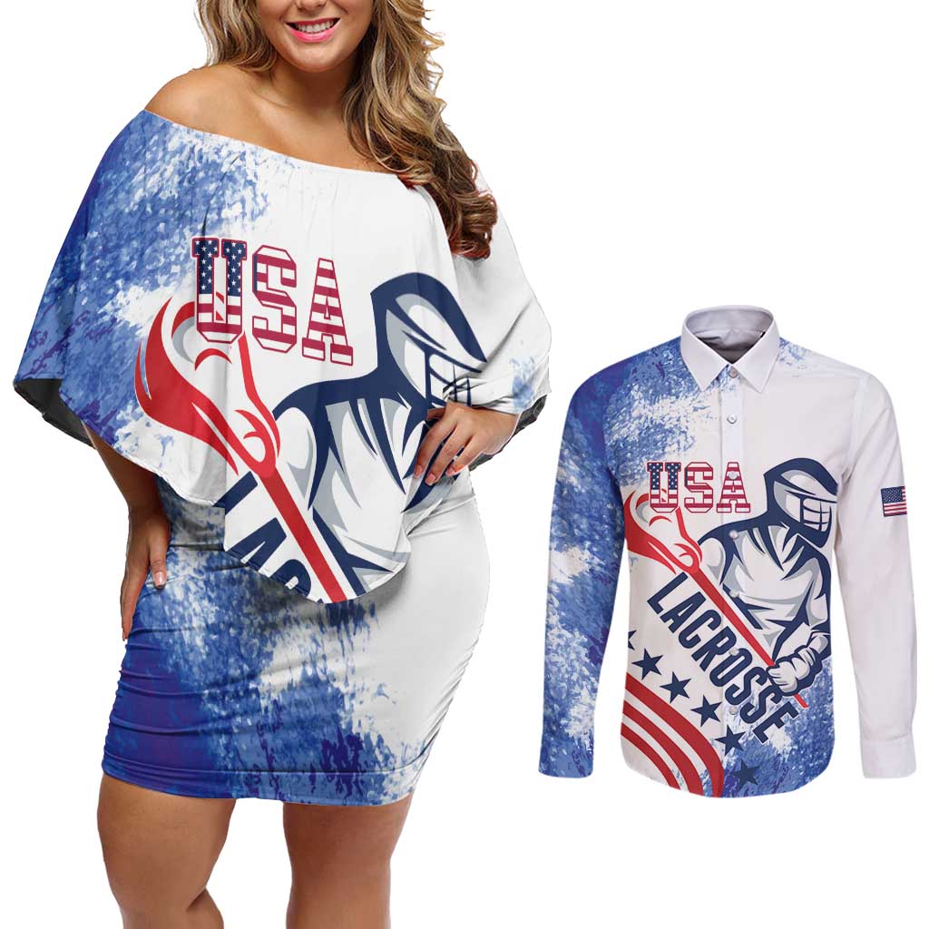 Custom United States Lacrosse Couples Matching Off Shoulder Short Dress and Long Sleeve Button Shirt 2025 Grunge Style
