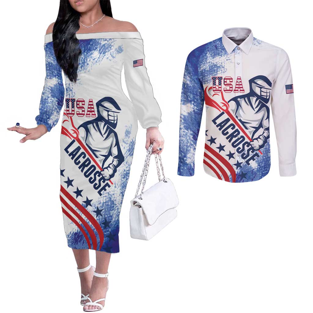 Custom United States Lacrosse Couples Matching Off The Shoulder Long Sleeve Dress and Long Sleeve Button Shirt 2025 Grunge Style