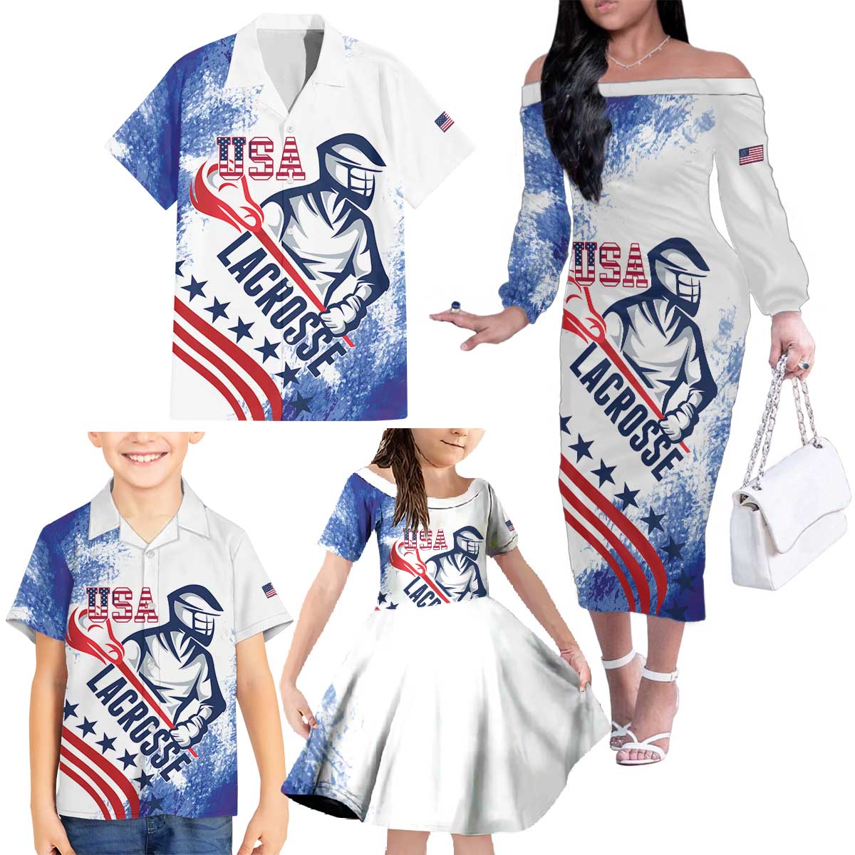 Custom United States Lacrosse Family Matching Off The Shoulder Long Sleeve Dress and Hawaiian Shirt 2025 Grunge Style