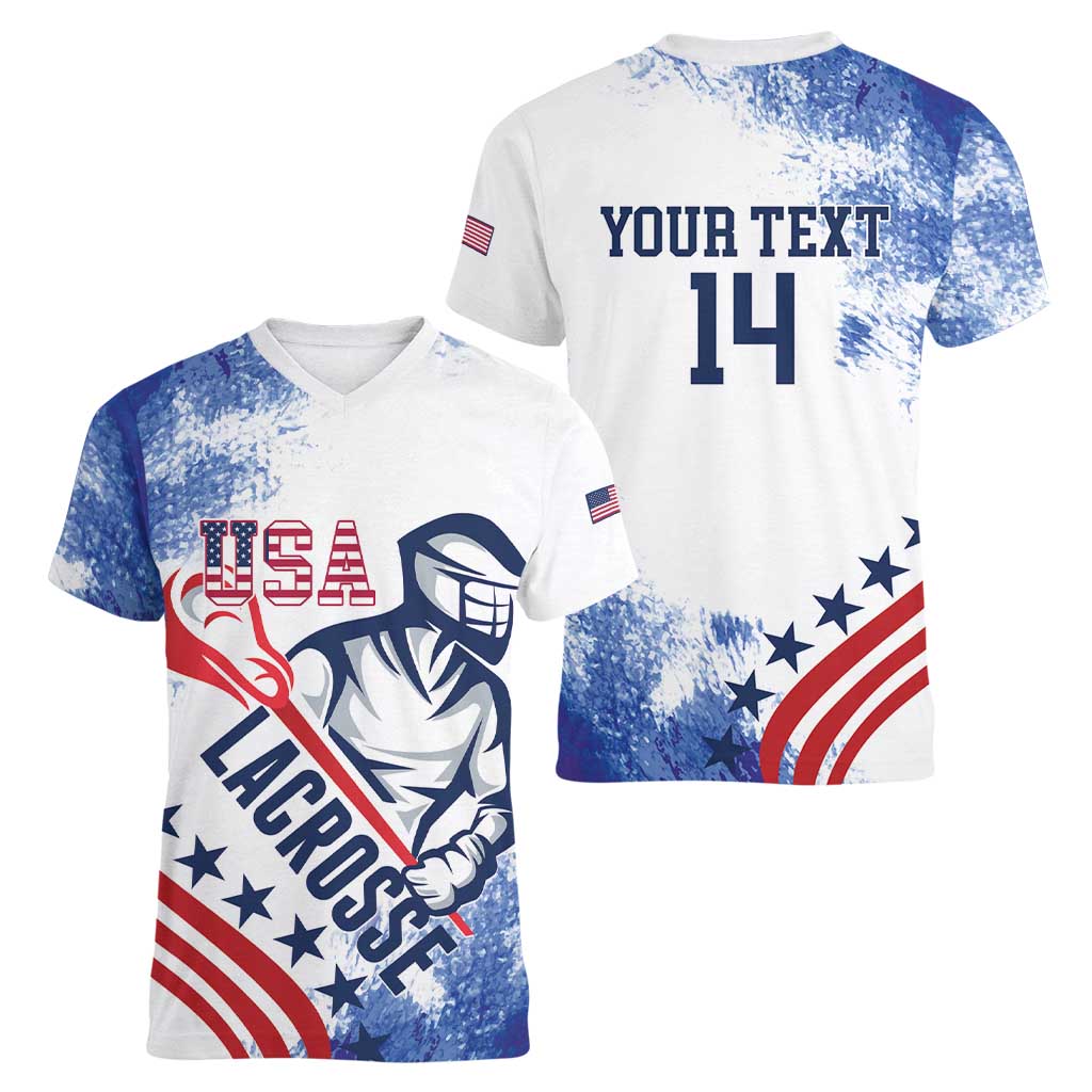 Custom United States Lacrosse Women V-Neck T-Shirt 2025 Grunge Style