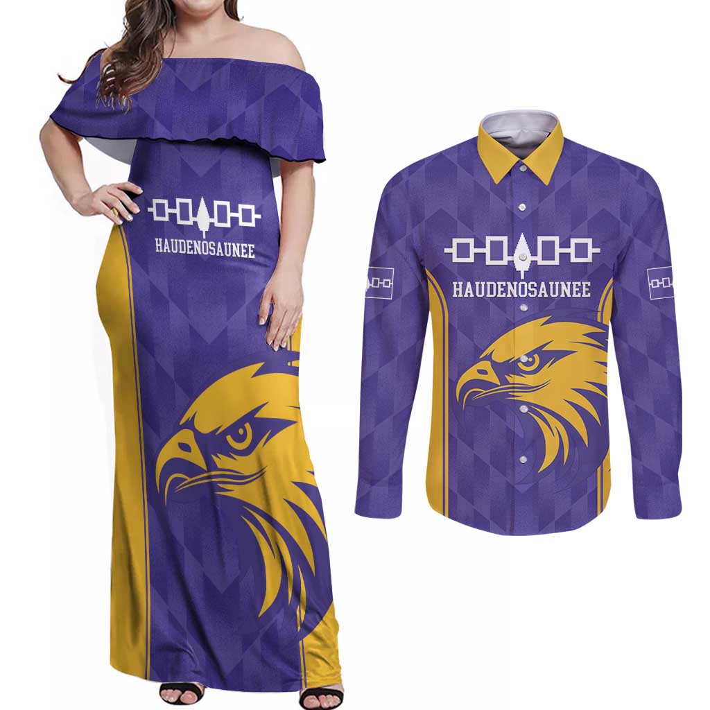 Custom Haudenosaunee Lacrosse Couples Matching Off Shoulder Maxi Dress and Long Sleeve Button Shirt 2025 Go Nationals