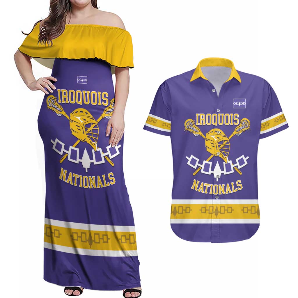 Custom Iroquois Lacrosse Couples Matching Off Shoulder Maxi Dress and Hawaiian Shirt Haudenosaunee Nationals