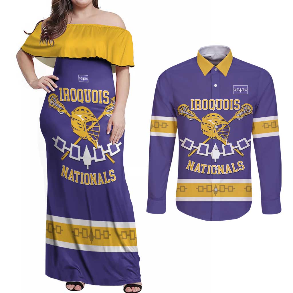 Custom Iroquois Lacrosse Couples Matching Off Shoulder Maxi Dress and Long Sleeve Button Shirt Haudenosaunee Nationals
