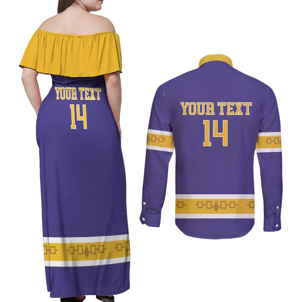 Custom Iroquois Lacrosse Couples Matching Off Shoulder Maxi Dress and Long Sleeve Button Shirt Haudenosaunee Nationals