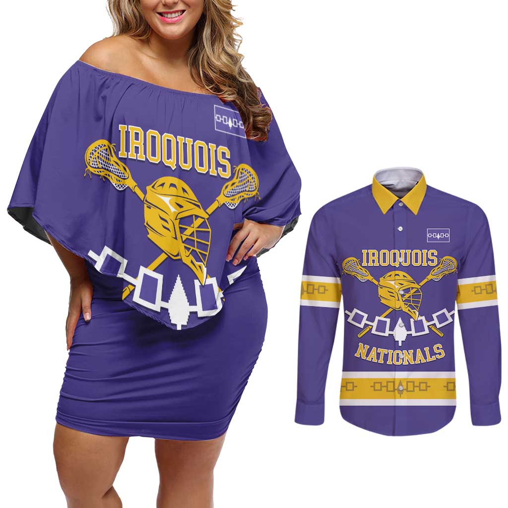 Custom Iroquois Lacrosse Couples Matching Off Shoulder Short Dress and Long Sleeve Button Shirt Haudenosaunee Nationals