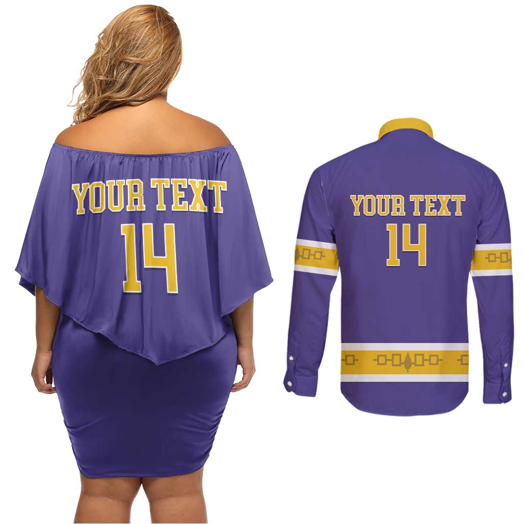 Custom Iroquois Lacrosse Couples Matching Off Shoulder Short Dress and Long Sleeve Button Shirt Haudenosaunee Nationals
