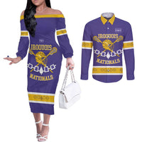 Custom Iroquois Lacrosse Couples Matching Off The Shoulder Long Sleeve Dress and Long Sleeve Button Shirt Haudenosaunee Nationals