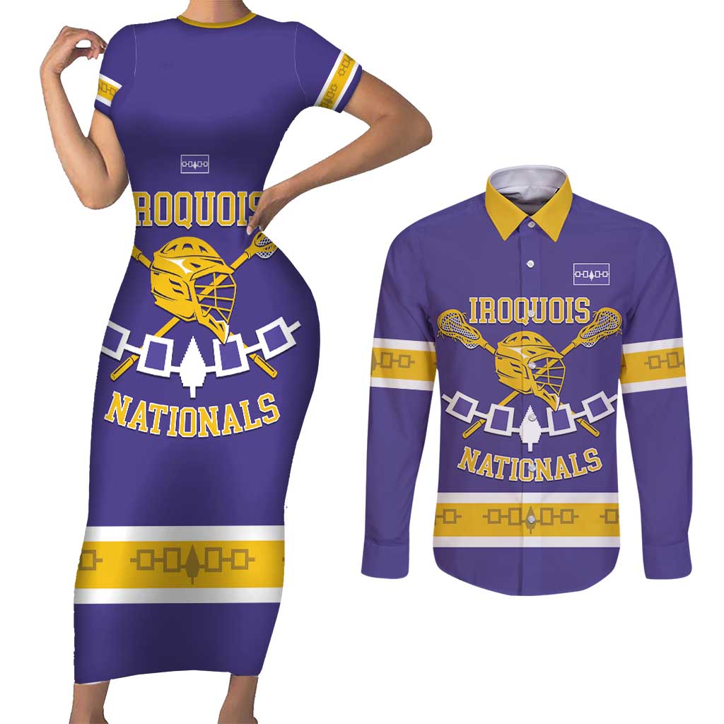 Custom Iroquois Lacrosse Couples Matching Short Sleeve Bodycon Dress and Long Sleeve Button Shirt Haudenosaunee Nationals