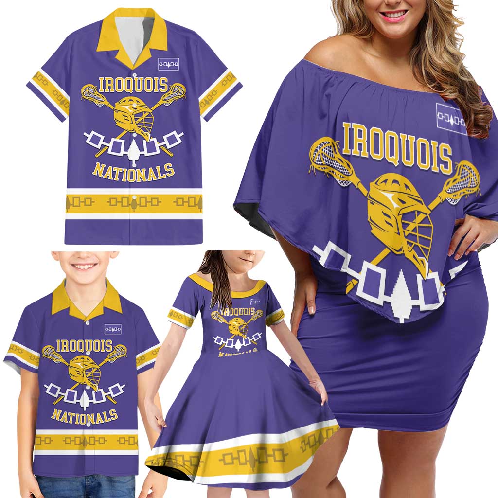 Custom Iroquois Lacrosse Family Matching Off Shoulder Short Dress and Hawaiian Shirt Haudenosaunee Nationals
