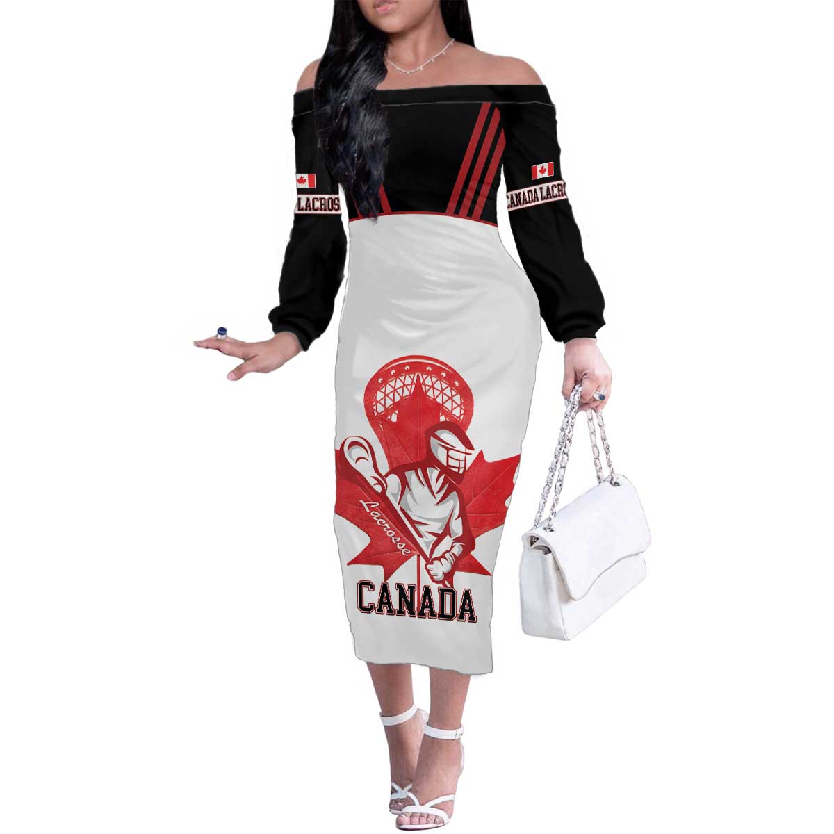 Custom Canada Lacrosse Family Matching Off The Shoulder Long Sleeve Dress and Hawaiian Shirt Go Champions Maple Leaf