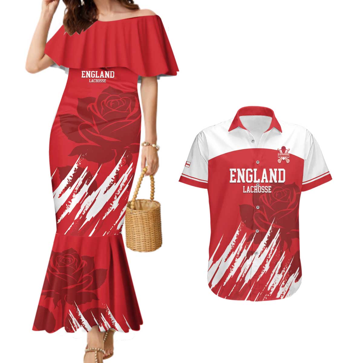 Custom England Lacrosse Couples Matching Mermaid Dress and Hawaiian Shirt Go Champions Rose