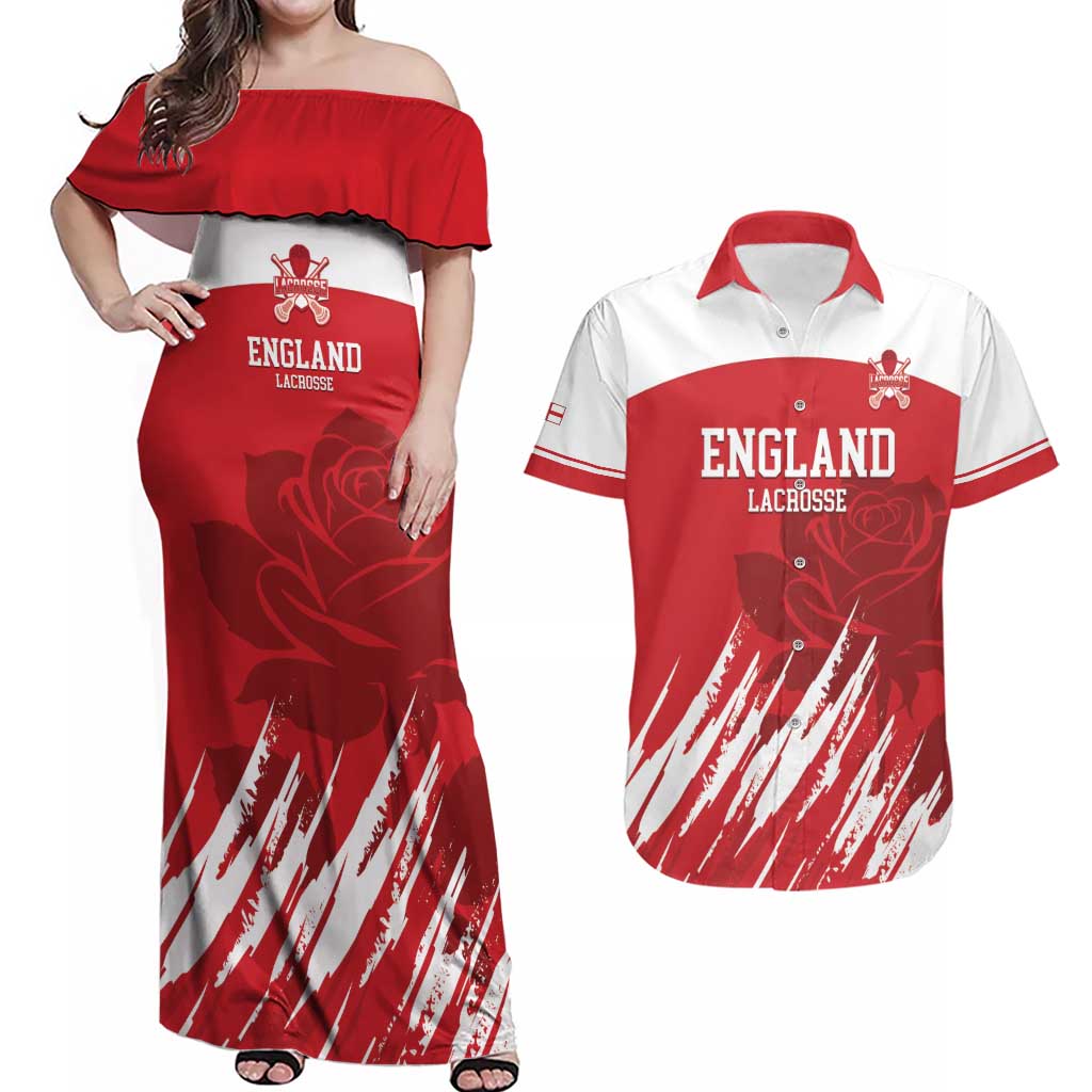 Custom England Lacrosse Couples Matching Off Shoulder Maxi Dress and Hawaiian Shirt Go Champions Rose