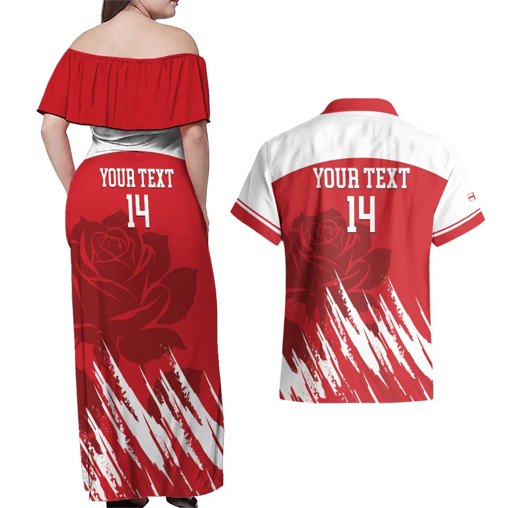 Custom England Lacrosse Couples Matching Off Shoulder Maxi Dress and Hawaiian Shirt Go Champions Rose