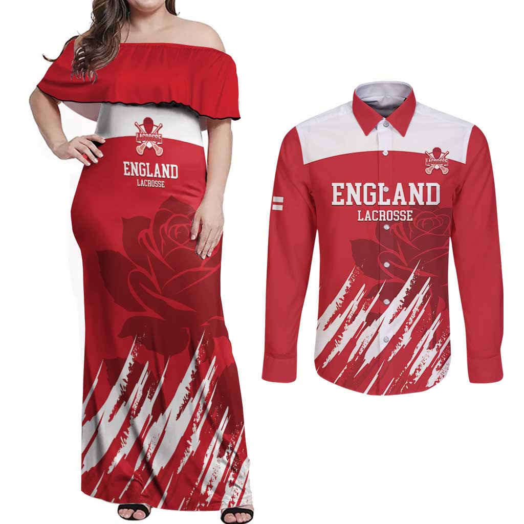 Custom England Lacrosse Couples Matching Off Shoulder Maxi Dress and Long Sleeve Button Shirt Go Champions Rose