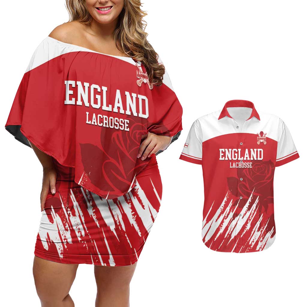 Custom England Lacrosse Couples Matching Off Shoulder Short Dress and Hawaiian Shirt Go Champions Rose