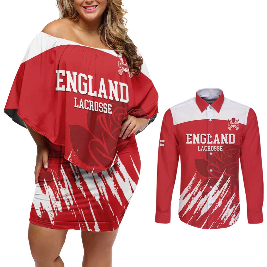 Custom England Lacrosse Couples Matching Off Shoulder Short Dress and Long Sleeve Button Shirt Go Champions Rose