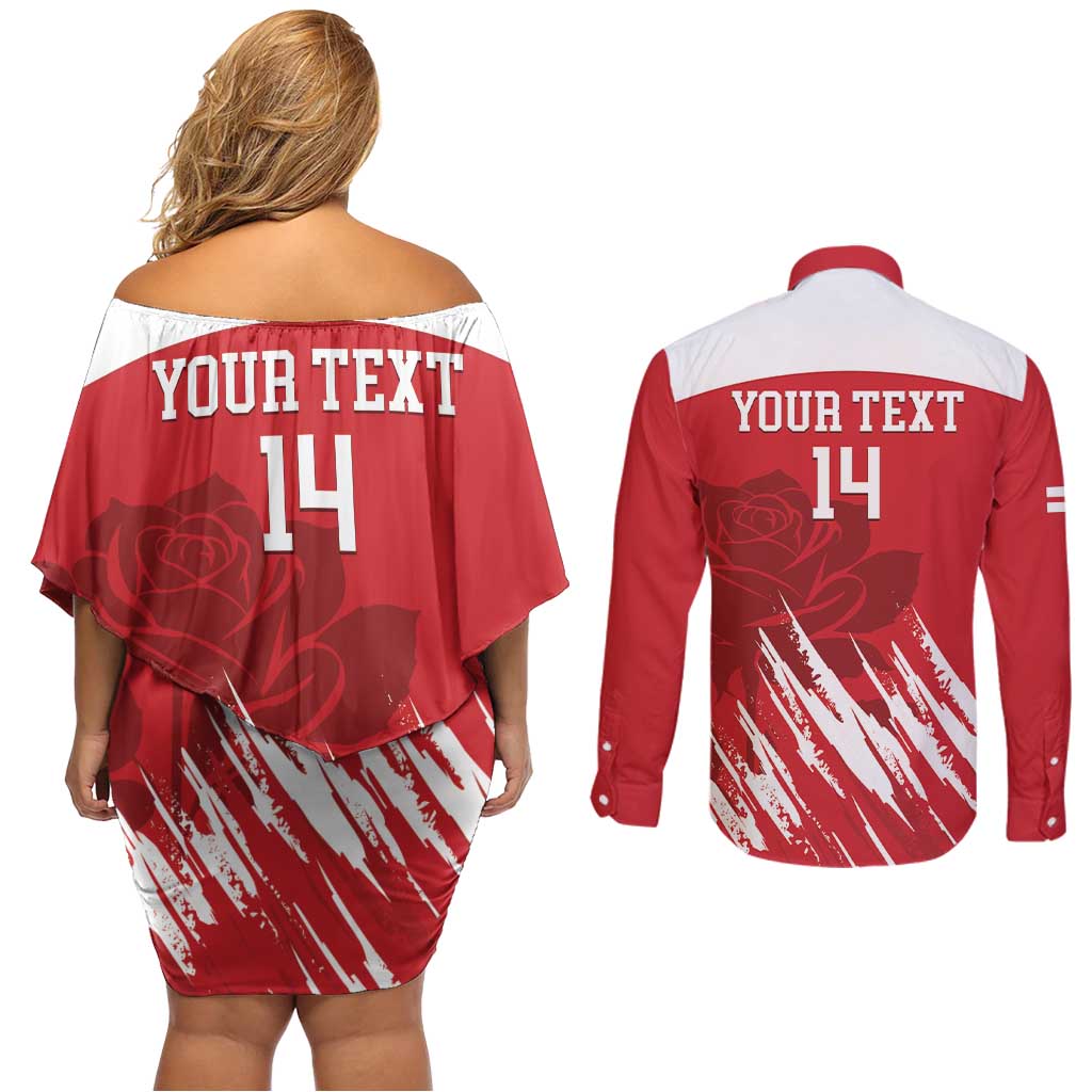 Custom England Lacrosse Couples Matching Off Shoulder Short Dress and Long Sleeve Button Shirt Go Champions Rose