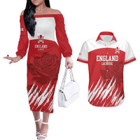 Custom England Lacrosse Couples Matching Off The Shoulder Long Sleeve Dress and Hawaiian Shirt Go Champions Rose